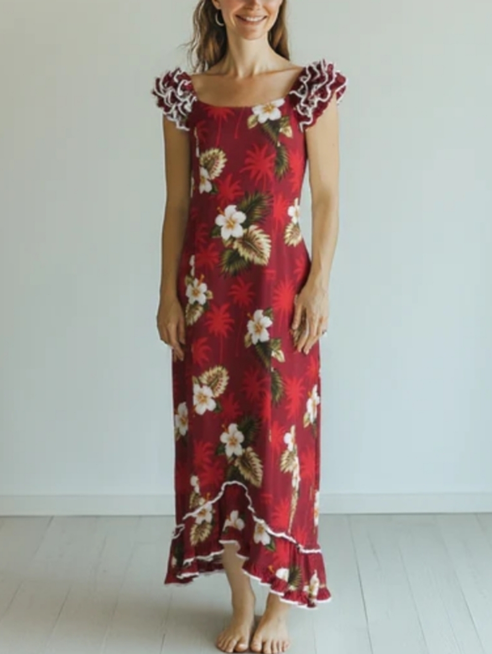 Pacific Legend Hibiscus And Palm Hawaiian Maxi Dress. Tropical. Cottton.